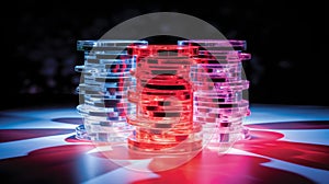 Glowing poker chips stack on minimalistic studio background with dramatic lighting, free copy space