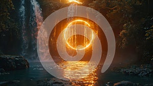 A glowing portal crackling with energy hidden behind a waterfall in a secluded cave