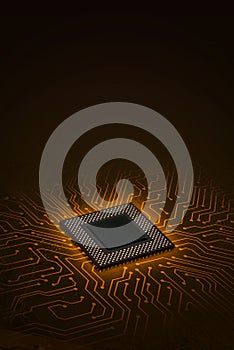 Glowing processor chip on orange circuit board background, representing artificial intelligence, energy transfer, data processing