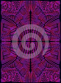 Glowing psychedelic trippy fractal mandala, gradient pink purple color line, isolated on black background. Stylish card.