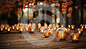 Glowing pumpkin decoration illuminates the dark autumn night generated by AI