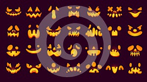 Glowing pumpkin faces. Glow eyes and teeth mouth of scary halloween creatures, jack-o-lantern carved spooky evil face or