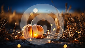 Glowing pumpkin lantern illuminates spooky autumn night outdoors generated by AI