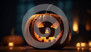 Glowing pumpkin lanterns illuminate the spooky Halloween night celebration generated by AI