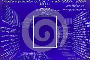 Glowing purple coding programming background with square mock up frame. Big data and code concept.