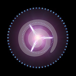 Glowing Purple Disk With Light Beams Isolated On Black Background. Sci-Fi, Futuristic And Outer Space Concept