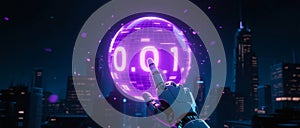 Purple Digital Hologram Sphere with Binary Data Interaction