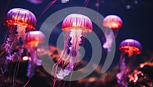 Glowing purple jellyfish swim in dark underwater beauty generated by AI