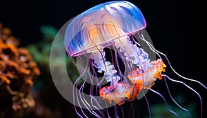 Glowing purple jellyfish swim in the deep, underwater beauty generated by AI