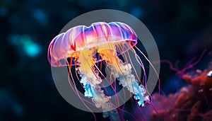 Glowing purple jellyfish swims in dark, dangerous underwater beauty generated by AI