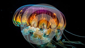 Glowing purple jellyfish swims in dark underwater beauty generated by AI