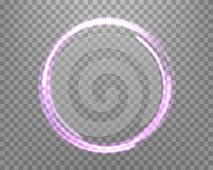 Glowing purple magic ring. Neon realistic energy flare halo ring. Abstract light effect on a dark transparent background