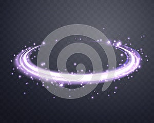 Glowing purple magic ring. Neon realistic energy flare halo ring. Abstract light effect on a dark transparent background