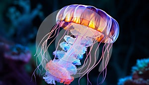 Glowing purple moon jellyfish swimming in dark underwater beauty generated by AI