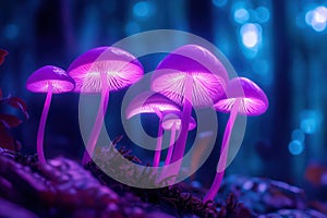 Glowing purple mushrooms with neon stems in dark forest photo