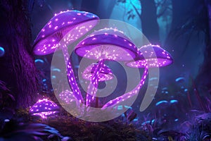 Glowing purple mushrooms with neon stems in dark forest photo