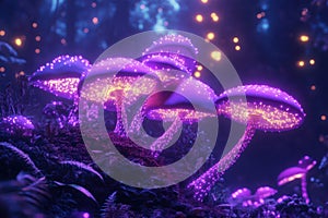 Glowing purple mushrooms with neon stems in dark forest photo