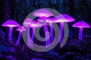 Glowing purple mushrooms with neon stems in dark forest photo