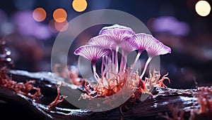 Glowing purple toadstool, a poisonous beauty in uncultivated forest generated by AI