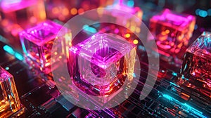 Glowing quantum computer cubes on circuit board technology