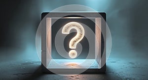 Glowing Question Mark in Stone Cube Mystery.