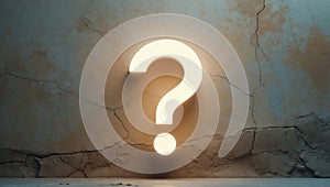 Glowing question mark on a textured wall