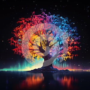 Glowing rainbow tree at night