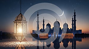 Ramadan lantern and mosque reflection at dusk