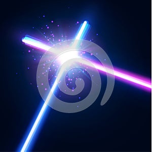 Glowing rays in space. Crossing laser sabers war.