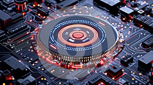 Glowing Red and Blue Circular Tech Component on Circuit Board