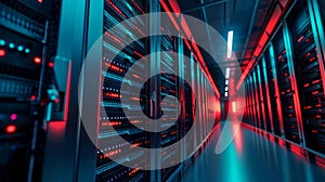 Glowing red and blue lights in a high-tech server room