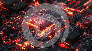 Glowing Red Circuit Board with Central Processing Unit