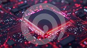 Glowing Red Circuit Board: Central Processing Unit Close-Up