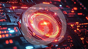 Glowing red circuit board displaying futuristic artificial intelligence technology