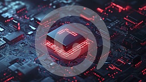 Glowing Red Computer Processor Chip on Circuit Board