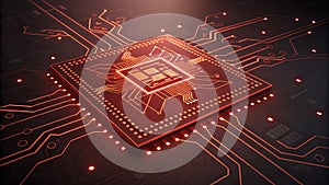 Glowing red computer processor on a dark circuit board