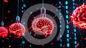 Glowing Red Digital Brain with Neural Data Streams