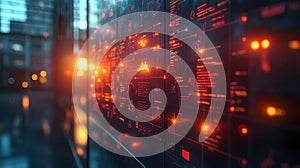 Glowing red digital data flow on dark background technology