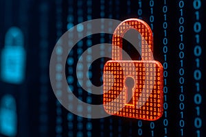 Digital security lock with binary code glowing in red matrix. Generated Ai
