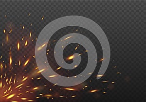 Glowing Red flying fire sparks. Fire Isolated on a black transparent background. Vector illustration.