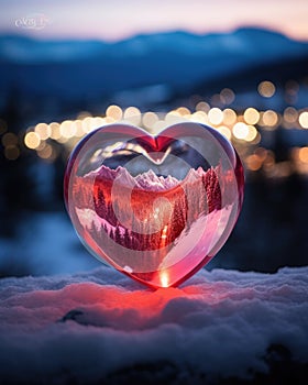 A glowing red glass against the wintry mountain landscape symbolizes warmth and comfort during challenging times, ar 4:5