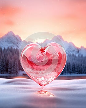 A glowing red glass against the wintry mountain landscape symbolizes warmth and comfort during challenging times, ar 4:5