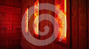 The glowing red heat lamps of the sauna emit warmth onto a persons back providing instant relief from discomfort. photo