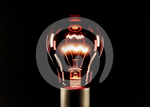 Glowing red incandescent lamp on a black background. 3D rendering and 3D illustration