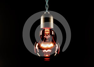 Glowing red incandescent lamp on a black background. On a twisted wire. 3D rendering and 3D illustration