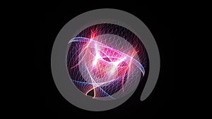 Glowing red neon light wire digital mesh futuristic sphere ball rotation on black background