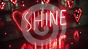 Glowing red neon lights sign spelling SHINE, dark background, retro 90s design