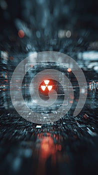 Glowing red radiation hazard symbol on digital futuristic interface with blurred background and light effects