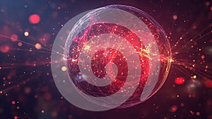 Glowing red sphere network data flow, bokeh background, technology concept