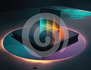 Glowing reflections of a viscid pool of dye on a slate canvas. Podium, empty showcase for packaging product presentation